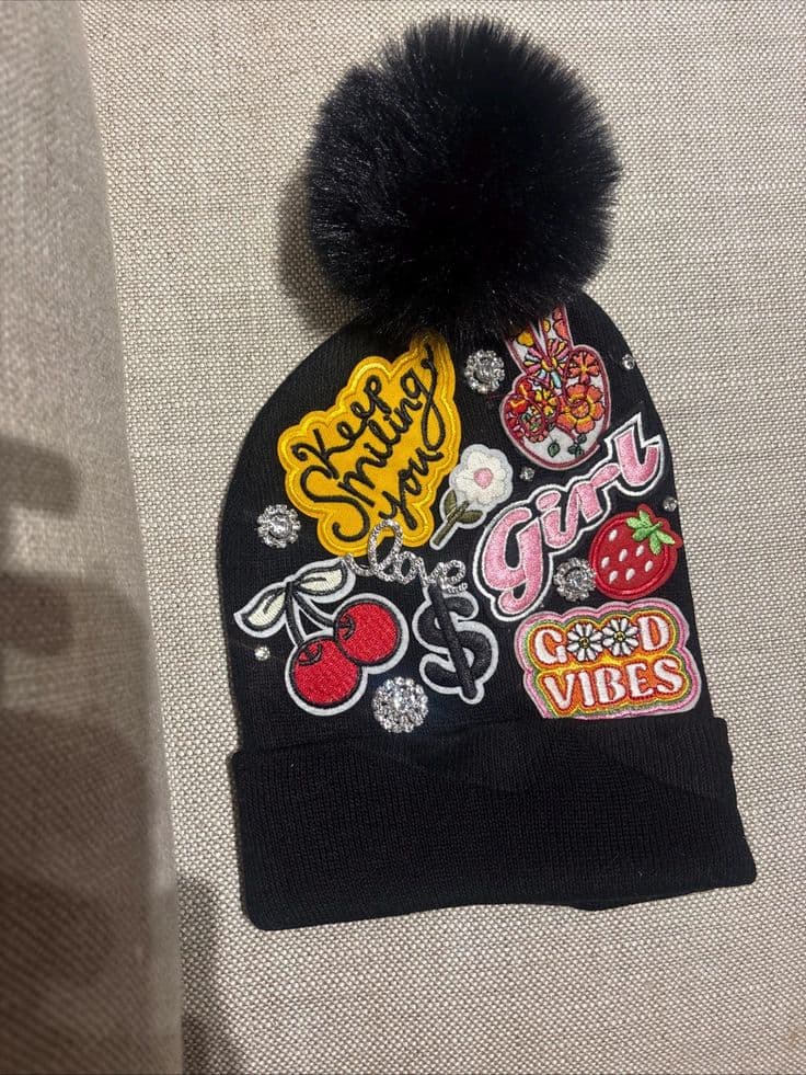 Custom beanie with lettering and badges