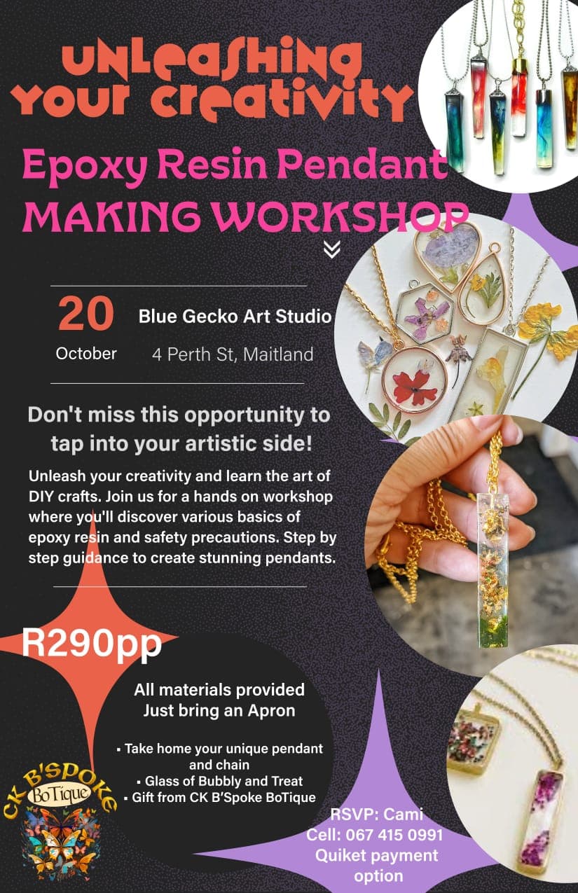 Epoxy resin pendant making workshop flyer